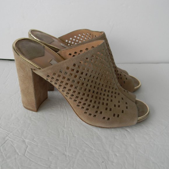 Diane Von Furstenberg Taviano Laser Cut TAN/TAUPE Heeled Mule Sandal Sz 7M - Picture 1 of 7